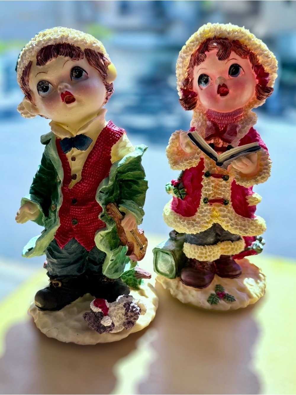 Vintage Christmas Caroler Coin Banks Pair Holiday Kids Resin Figurines 1990s